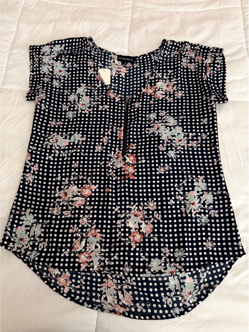 My Michelle Women's Medium Navy Blue Floral Polka Dot Blouse